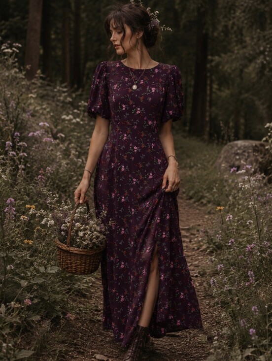 Old Navy Dresses & Skirts - ​NWT Old Navy Floral Maxi Dress Puff Sleeve Cutout Split M Petite Burgundy